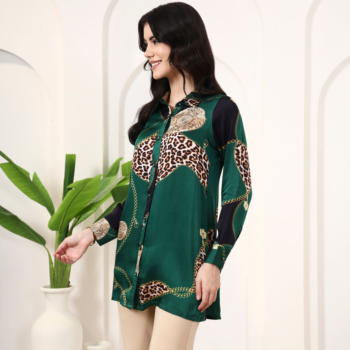 Green Jewel Print Shirt for Women – Bamberg Modal Satin – Model View | First Resort by Ramola Bachchan