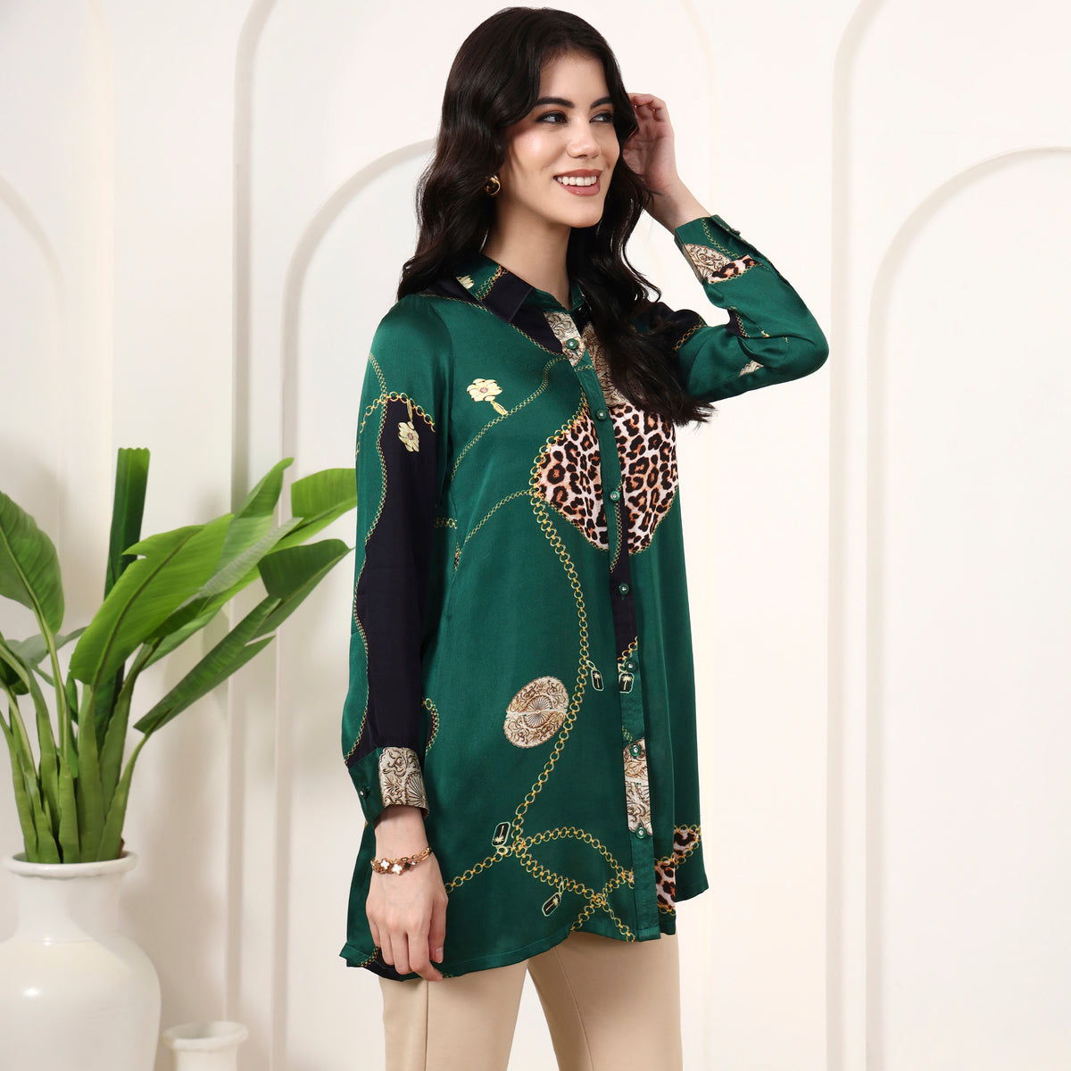 Green Jewel Print Shirt for Women – Bamberg Modal Satin – Side View | First Resort by Ramola Bachchan