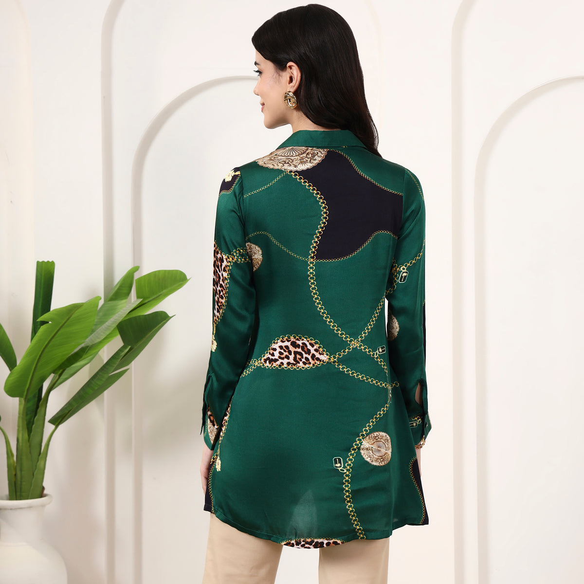 Green Jewel Print Shirt for Women – Bamberg Modal Satin – Detail View | First Resort by Ramola Bachchan