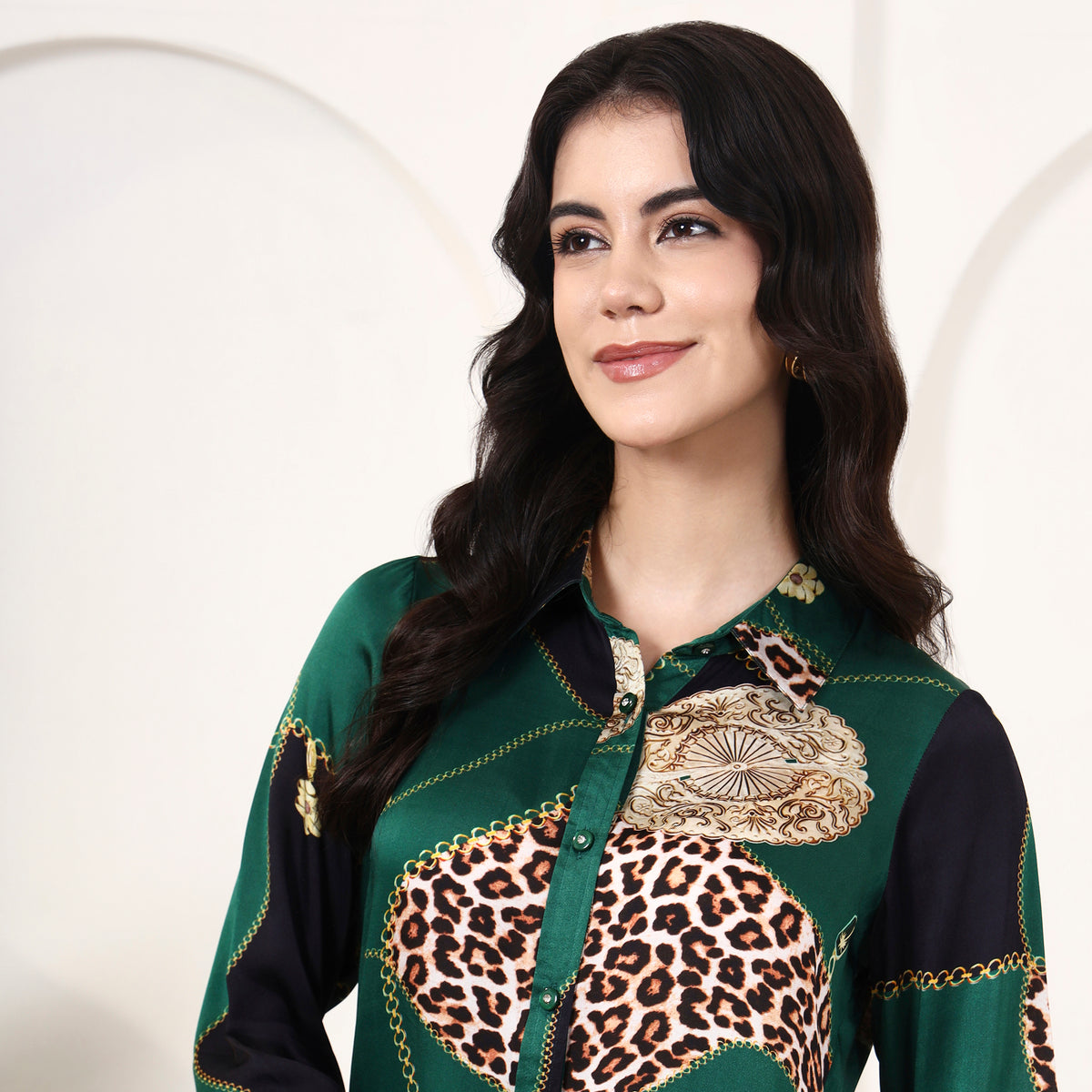 Green Jewel Print Shirt for Women – Bamberg Modal Satin – Back View | First Resort by Ramola Bachchan