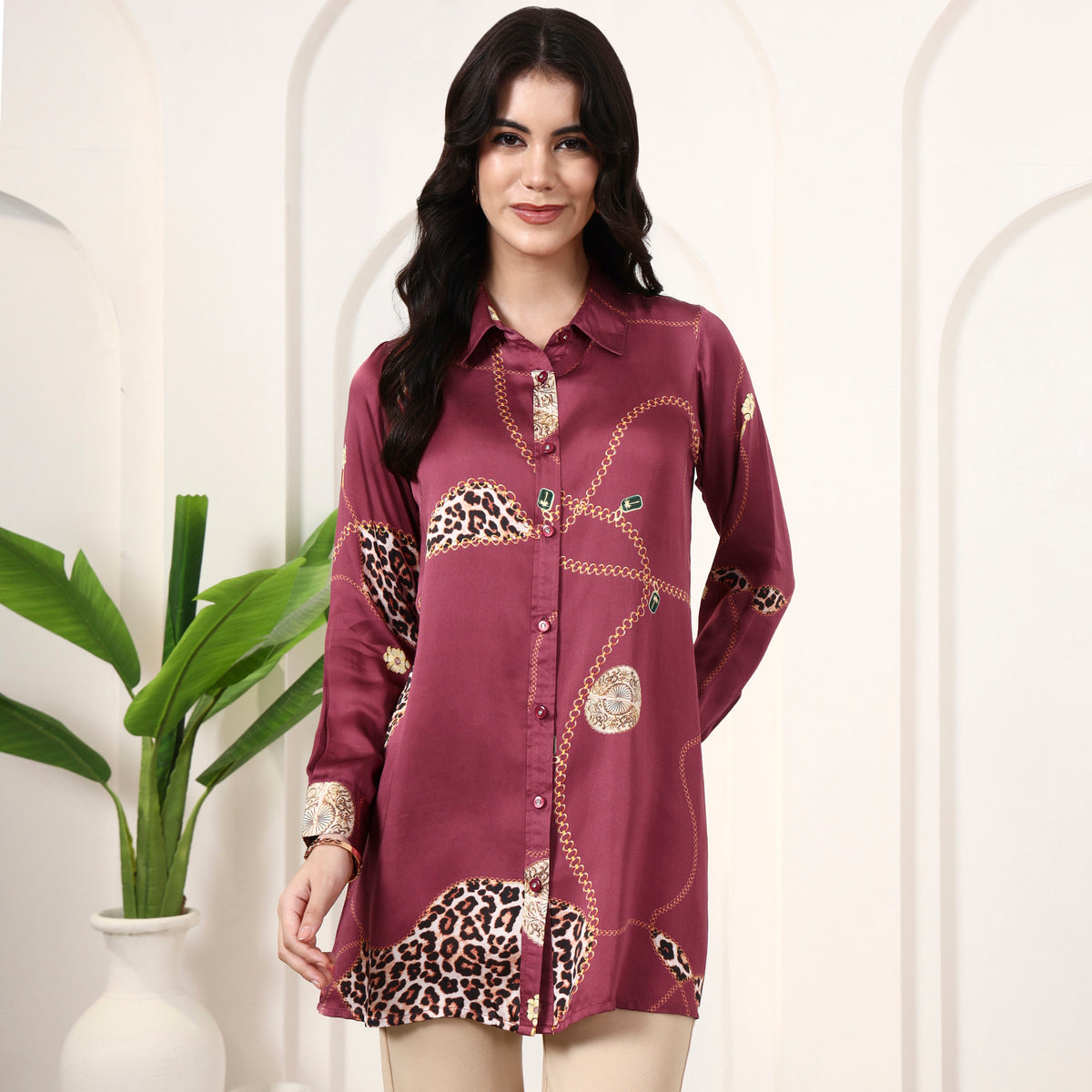 Maroon Jewel Print Shirt for Women – Bamberg Modal Satin | First Resort by Ramola Bachchan