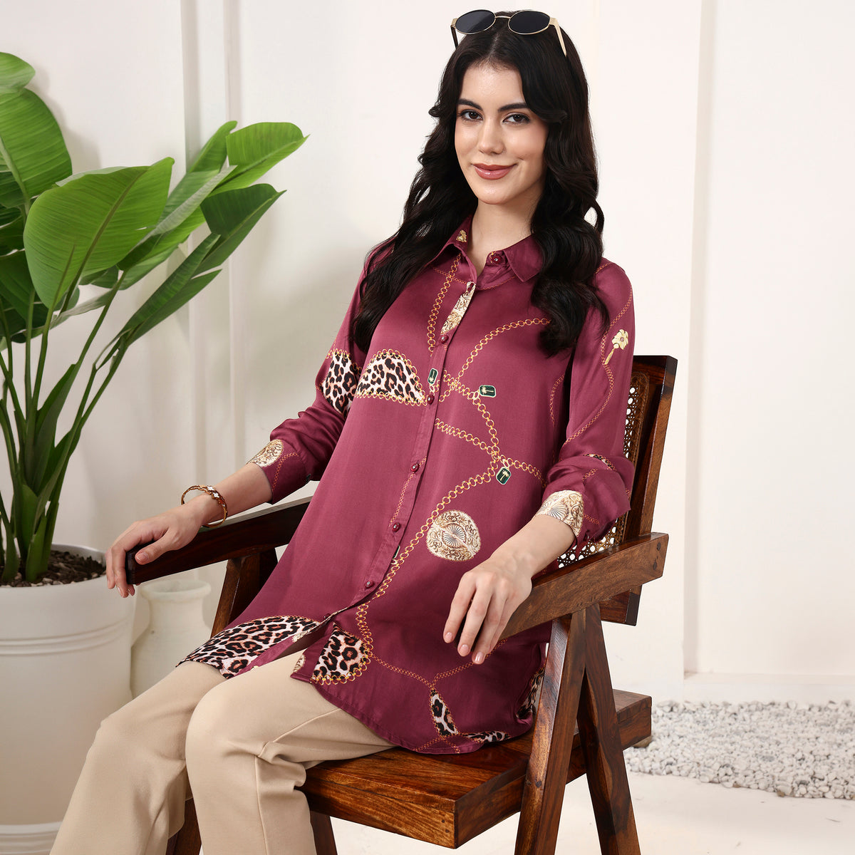 Maroon Jewel Print Shirt for Women – Bamberg Modal Satin – Front View | First Resort by Ramola Bachchan