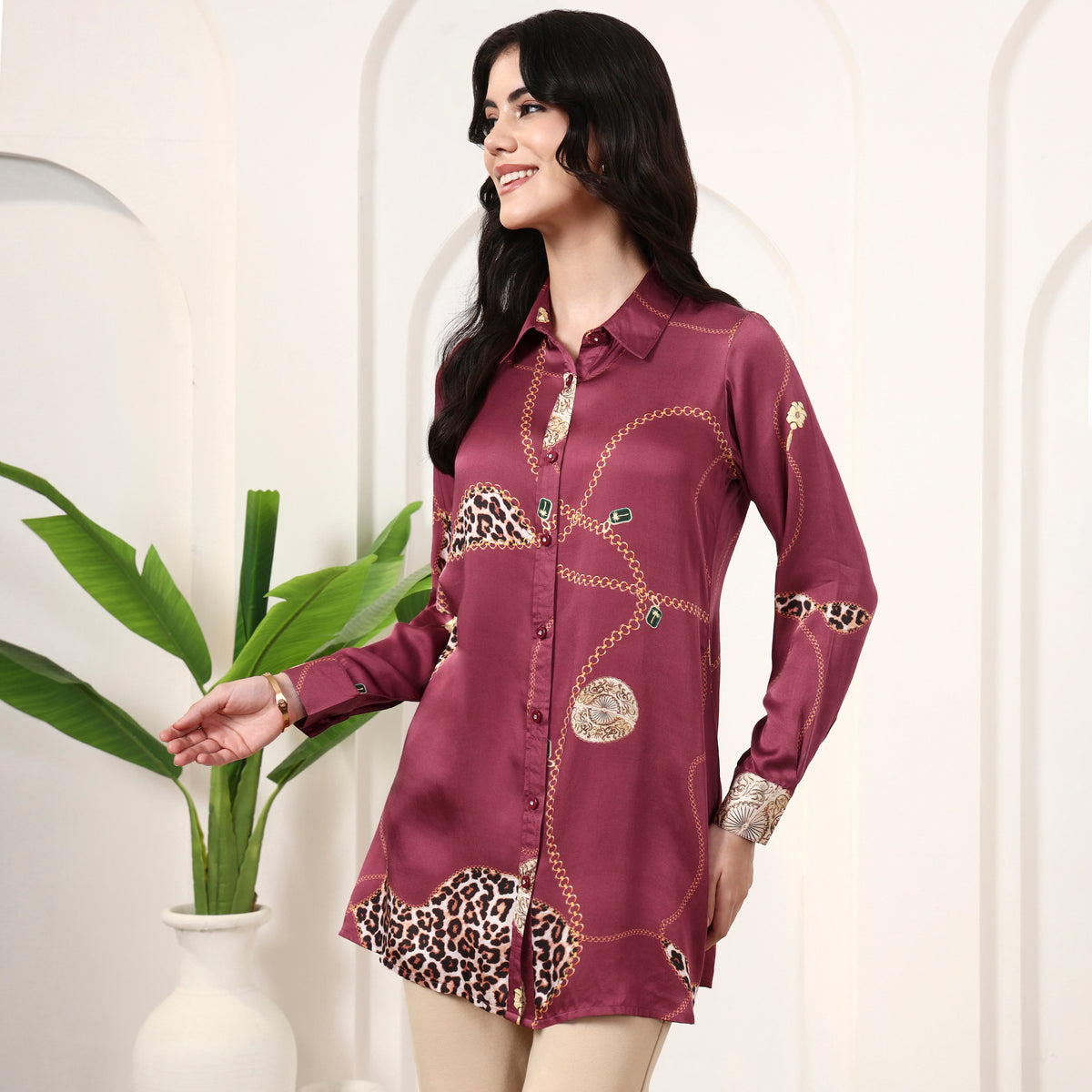 Maroon Jewel Print Shirt for Women – Bamberg Modal Satin – Model View | First Resort by Ramola Bachchan