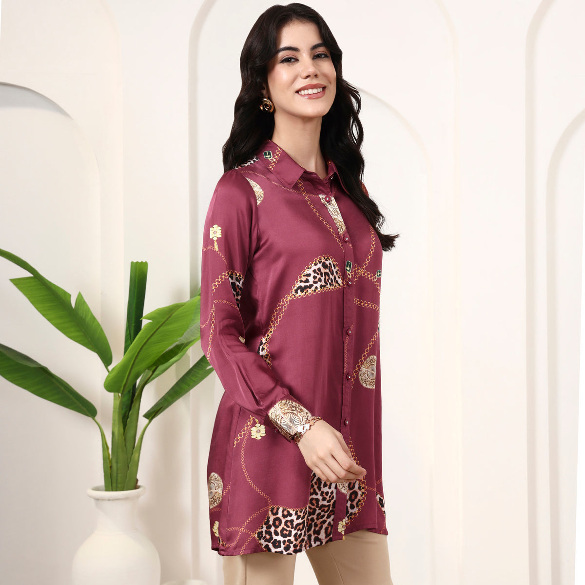 Maroon Jewel Print Shirt for Women – Bamberg Modal Satin – Side View | First Resort by Ramola Bachchan