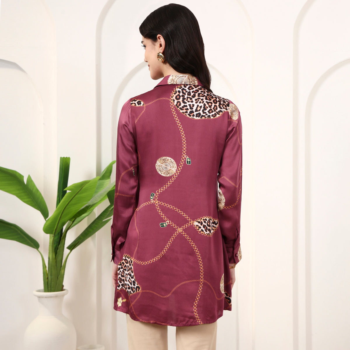 Maroon Jewel Print Shirt for Women – Bamberg Modal Satin – Detail View | First Resort by Ramola Bachchan