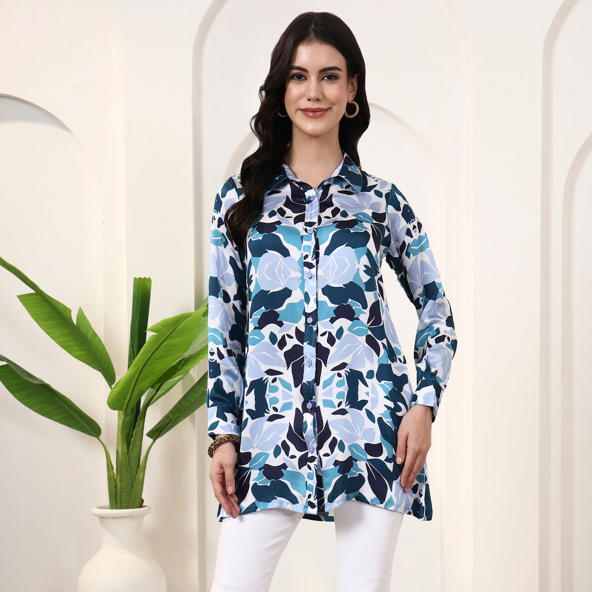 Blue Floral Print Shirt for Women – Bamberg Modal Satin | First Resort by Ramola Bachchan