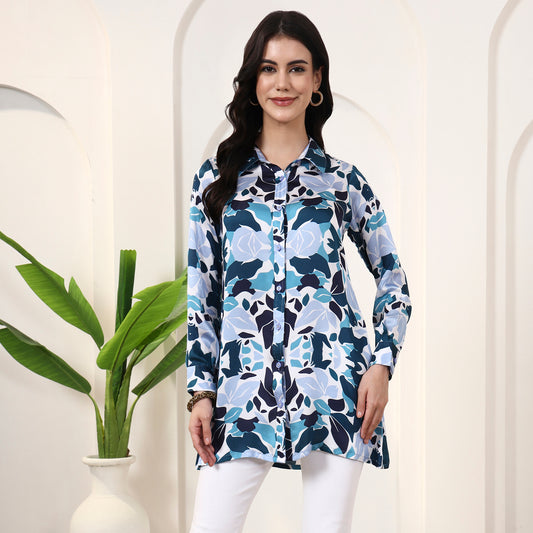 Blue Floral Print Shirt for Women – Bamberg Modal Satin | First Resort by Ramola Bachchan