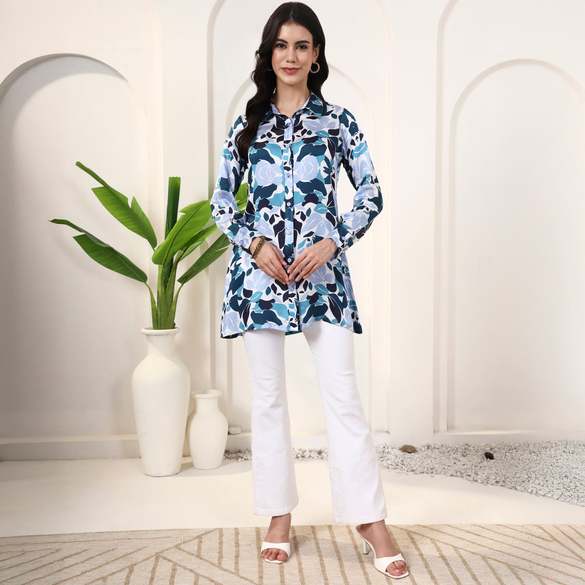 Blue Floral Print Shirt for Women – Bamberg Modal Satin – Front View | First Resort by Ramola Bachchan