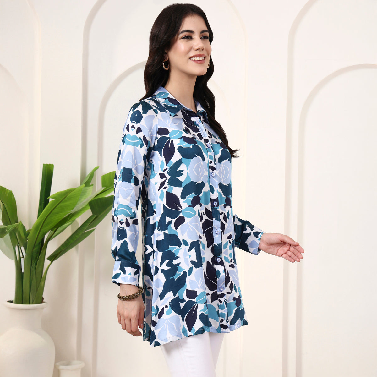 Blue Floral Print Shirt for Women – Bamberg Modal Satin – Side View | First Resort by Ramola Bachchan
