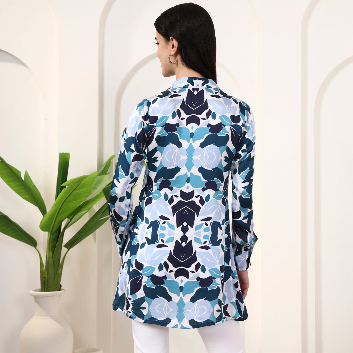Blue Floral Print Shirt for Women – Bamberg Modal Satin – Detail View | First Resort by Ramola Bachchan