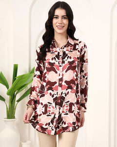 Brick Red Floral Mosaic Printed Shirt