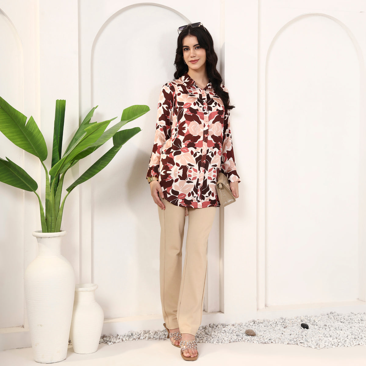 Brick Red Floral Print Shirt for Women – Bamberg Modal Satin – Front View | First Resort by Ramola Bachchan
