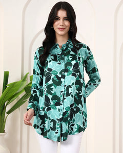 Teal Green Floral Mosaic Printed Shirt