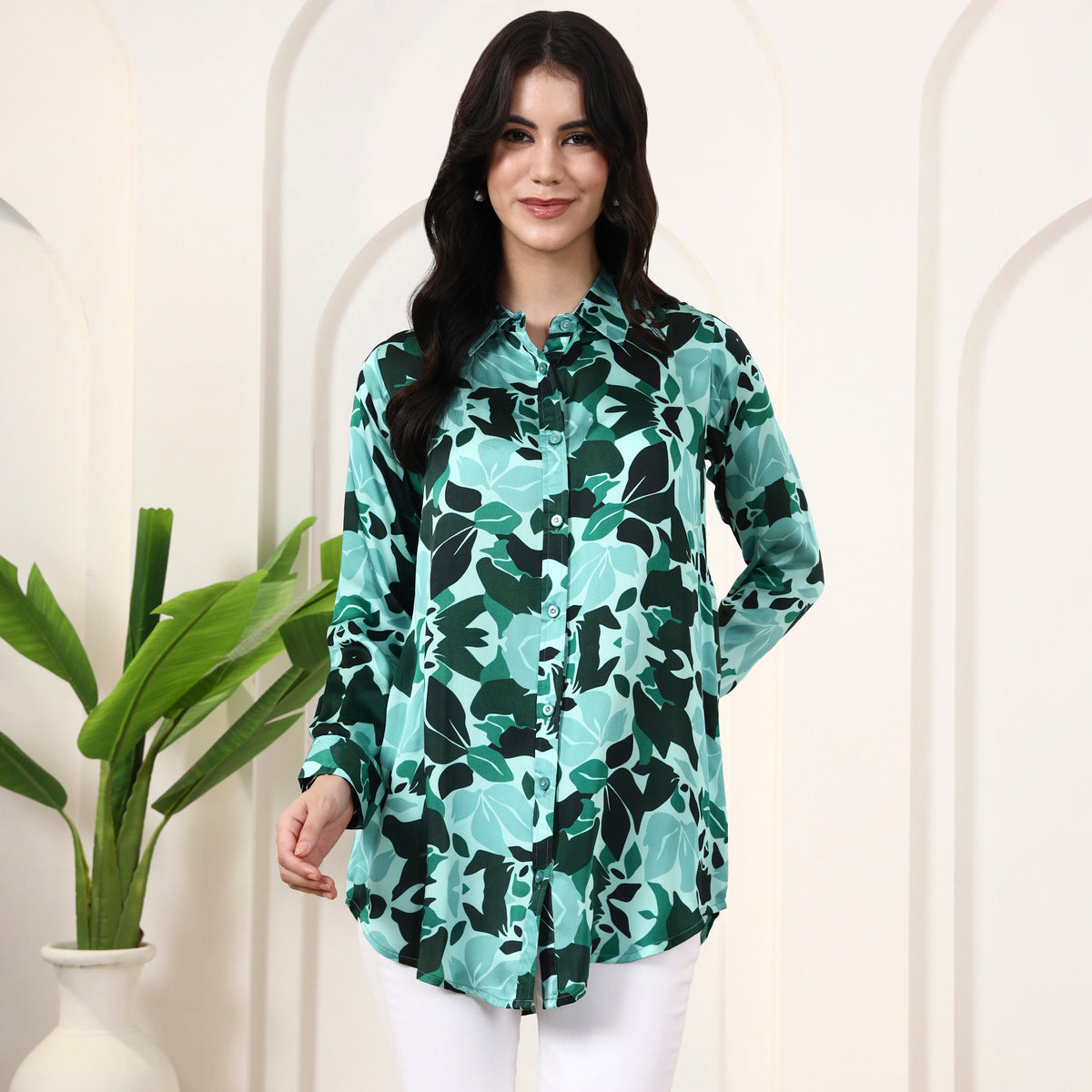 Teal Green Floral Print Shirt for Women – Bamberg Modal Satin | First Resort by Ramola Bachchan
