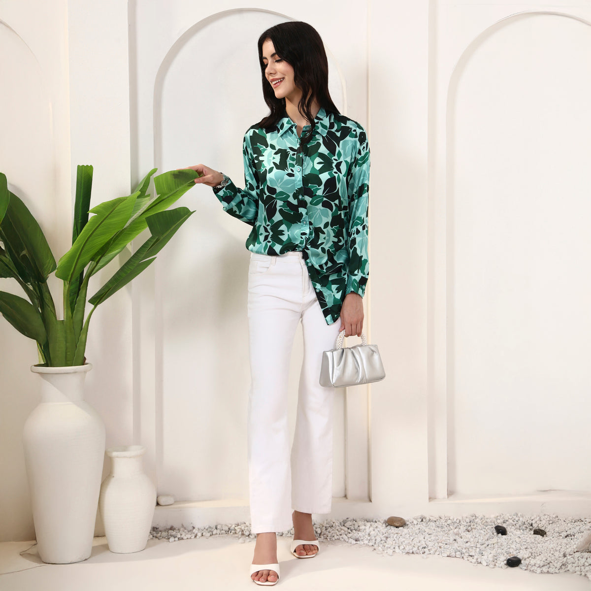 Teal Green Floral Print Shirt for Women – Bamberg Modal Satin – Front View | First Resort by Ramola Bachchan