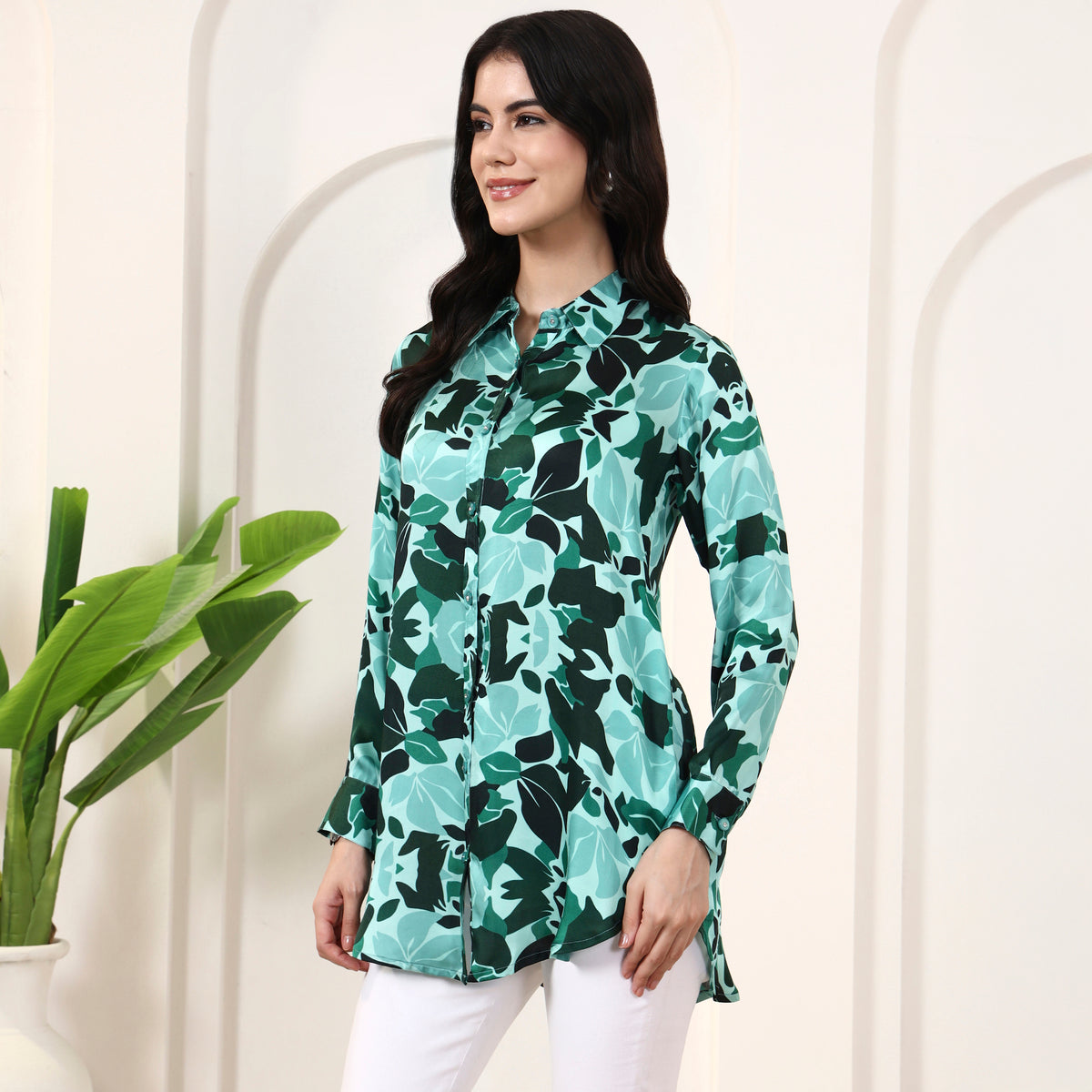 Teal Green Floral Print Shirt for Women – Bamberg Modal Satin – Model View | First Resort by Ramola Bachchan