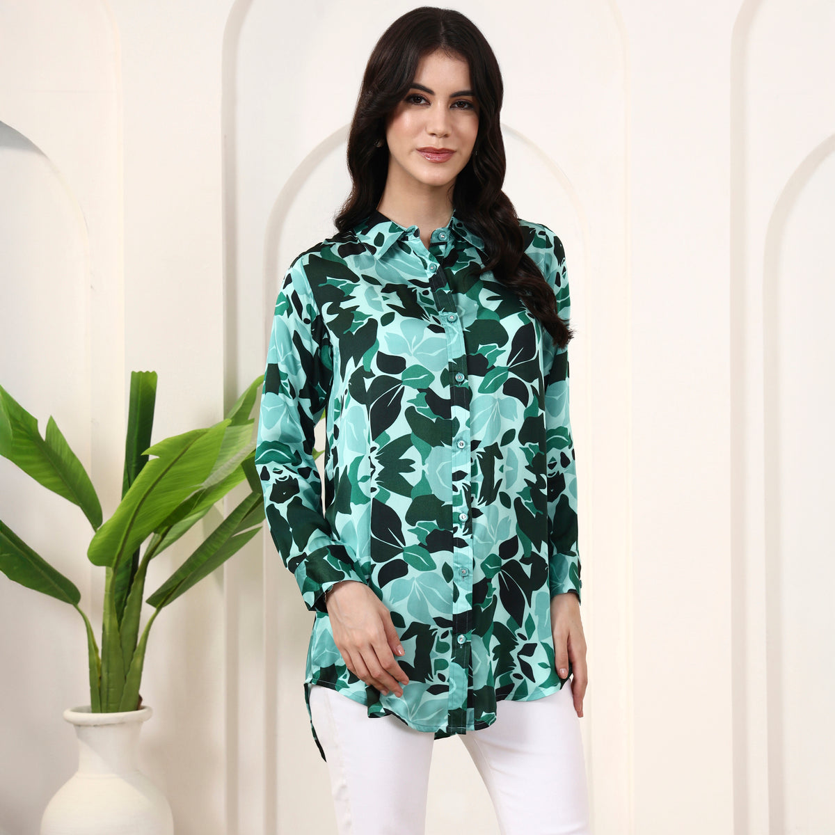 Teal Green Floral Print Shirt for Women – Bamberg Modal Satin – Side View | First Resort by Ramola Bachchan