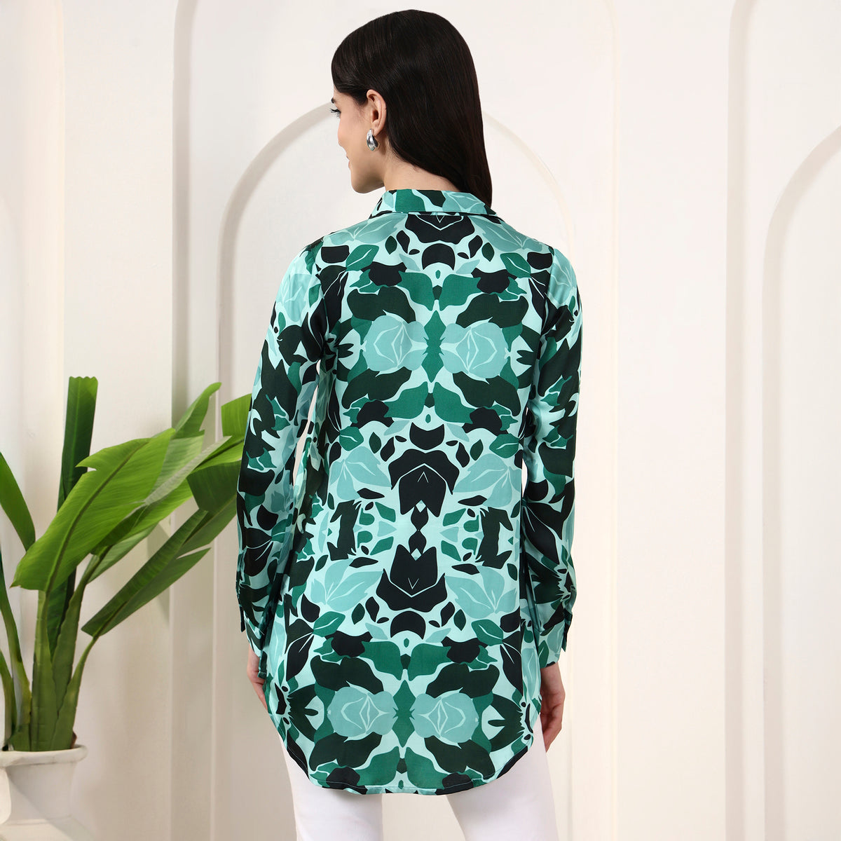 Teal Green Floral Print Shirt for Women – Bamberg Modal Satin – Detail View | First Resort by Ramola Bachchan