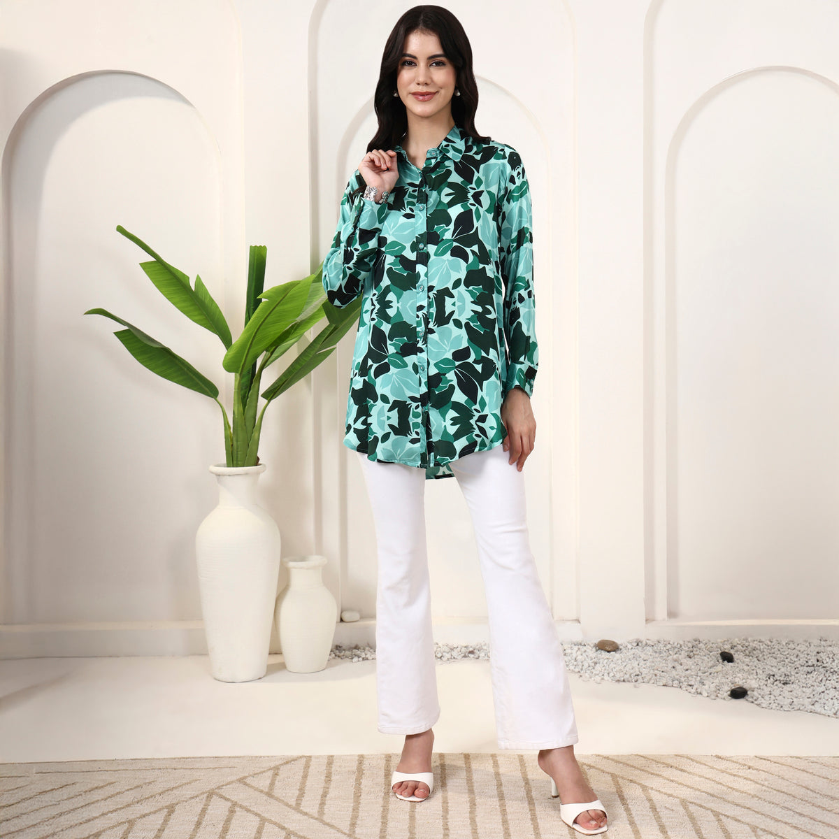 Teal Green Floral Print Shirt for Women – Bamberg Modal Satin – Close Up | First Resort by Ramola Bachchan