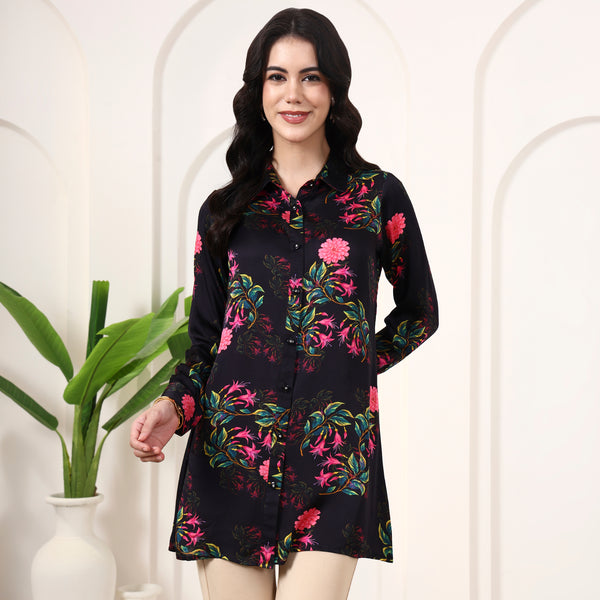 Black Floral Print Shirt for Women – Bamberg Modal Satin | First Resort by Ramola Bachchan