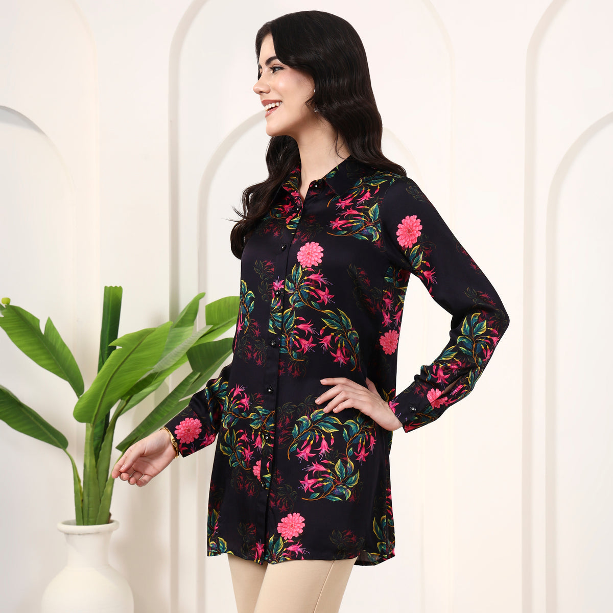 Black Floral Print Shirt for Women – Bamberg Modal Satin – Model View | First Resort by Ramola Bachchan