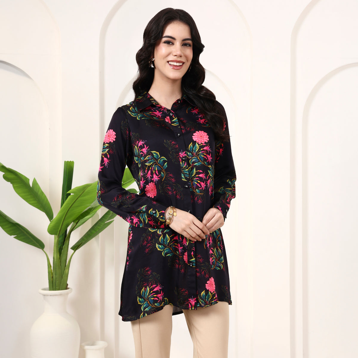 Black Floral Print Shirt for Women – Bamberg Modal Satin – Side View | First Resort by Ramola Bachchan