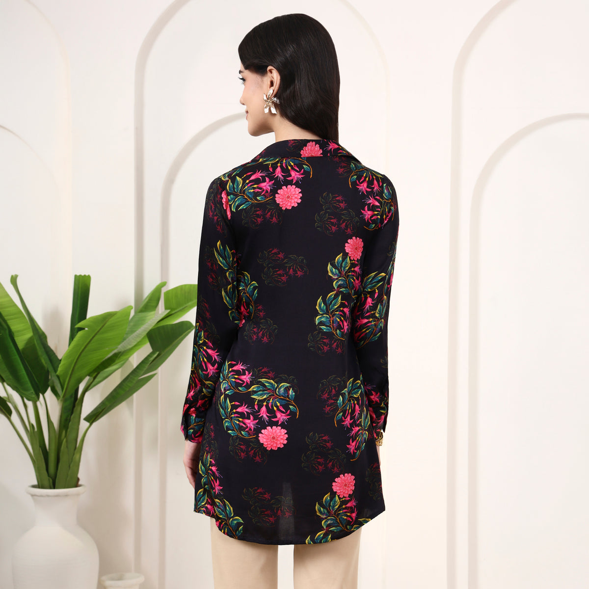 Black Floral Print Shirt for Women – Bamberg Modal Satin – Detail View | First Resort by Ramola Bachchan