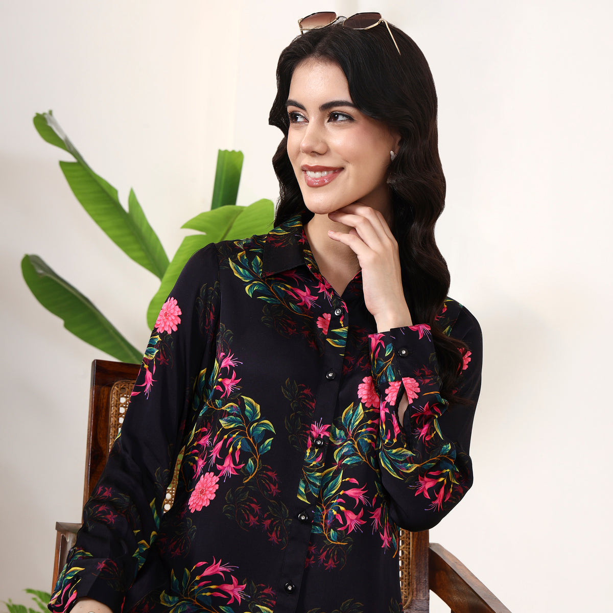 Black Floral Print Shirt for Women – Bamberg Modal Satin – Back View | First Resort by Ramola Bachchan