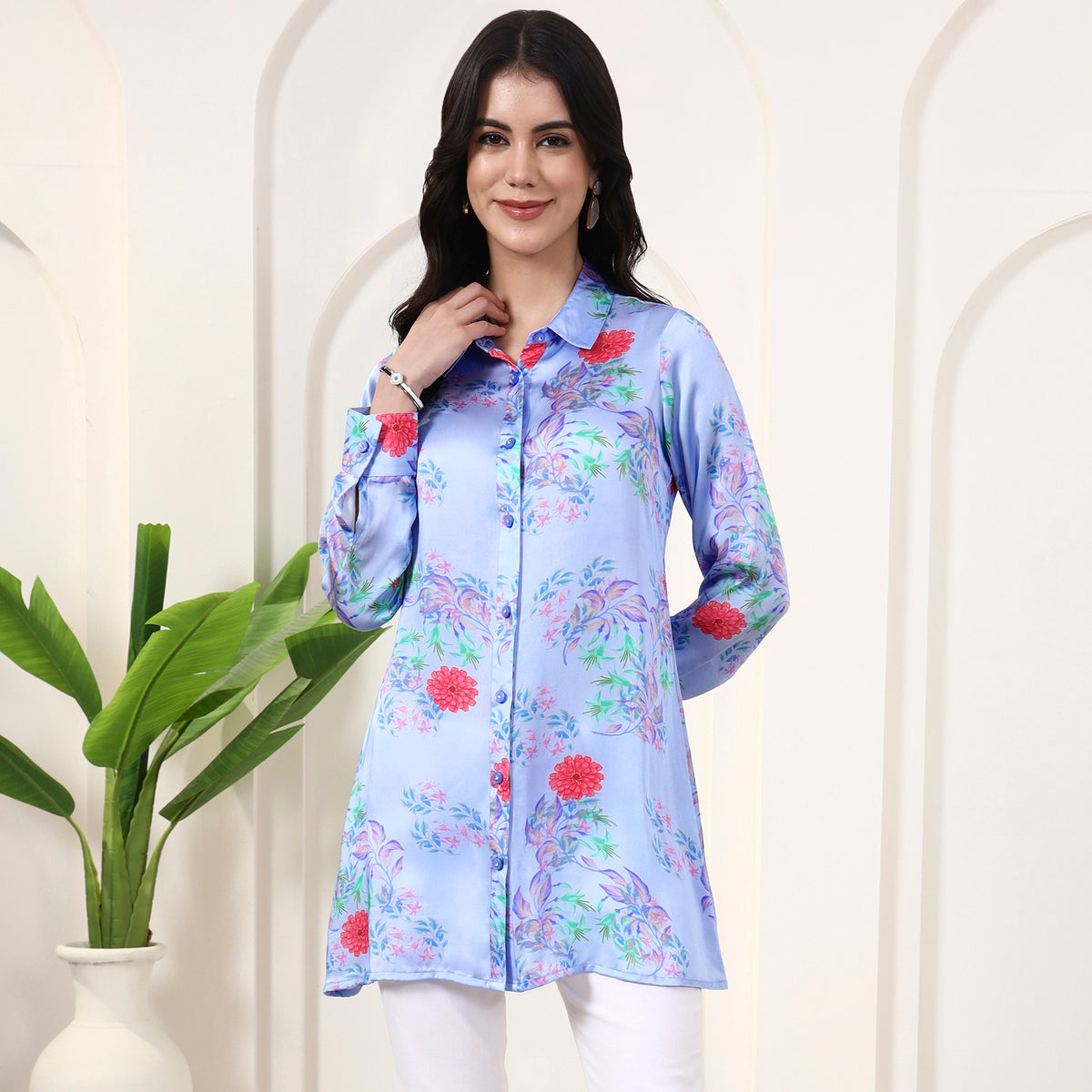 Powder Blue Floral Print Shirt for Women – Bamberg Modal Satin | First Resort by Ramola Bachchan
