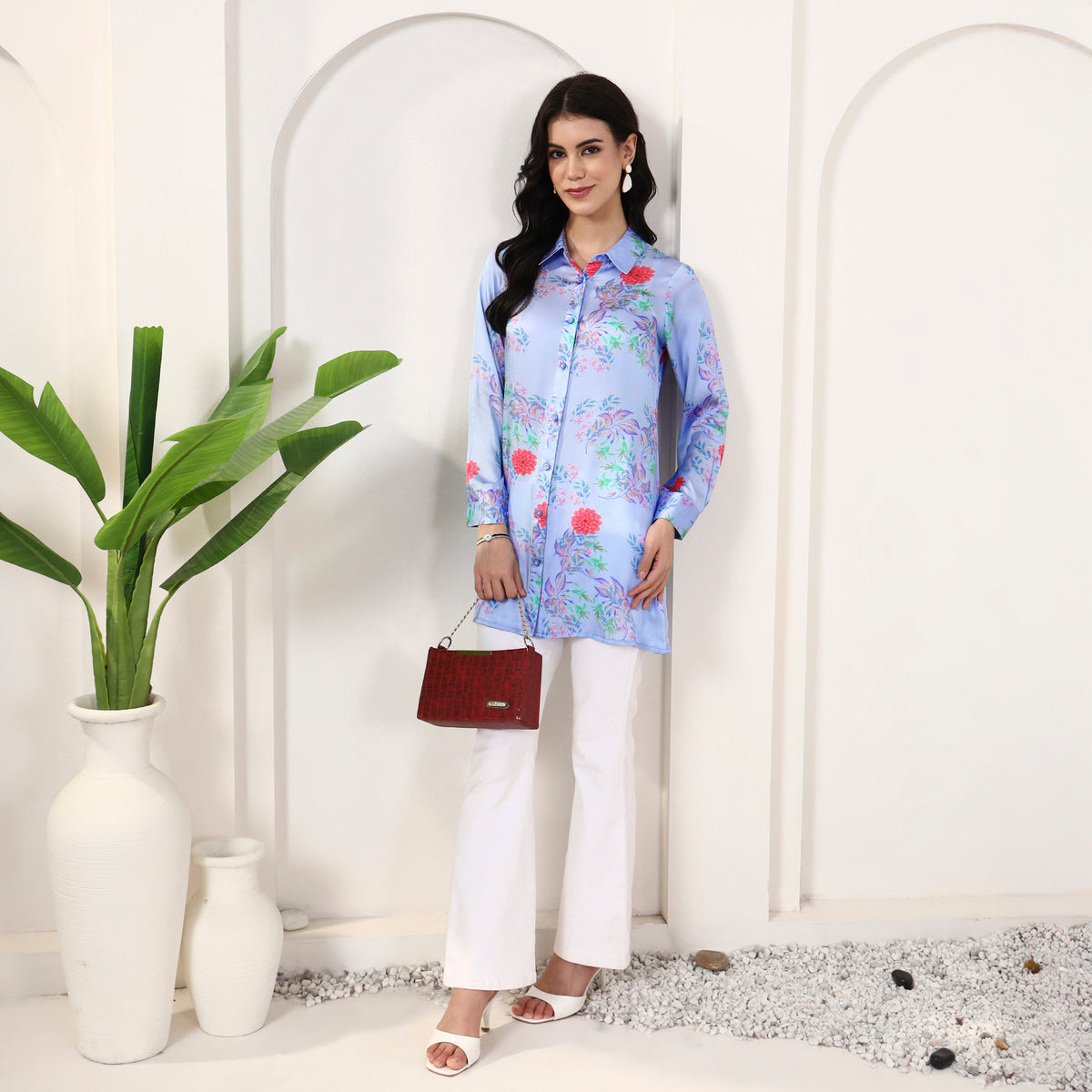 Powder Blue Floral Print Shirt for Women – Bamberg Modal Satin – Front View | First Resort by Ramola Bachchan