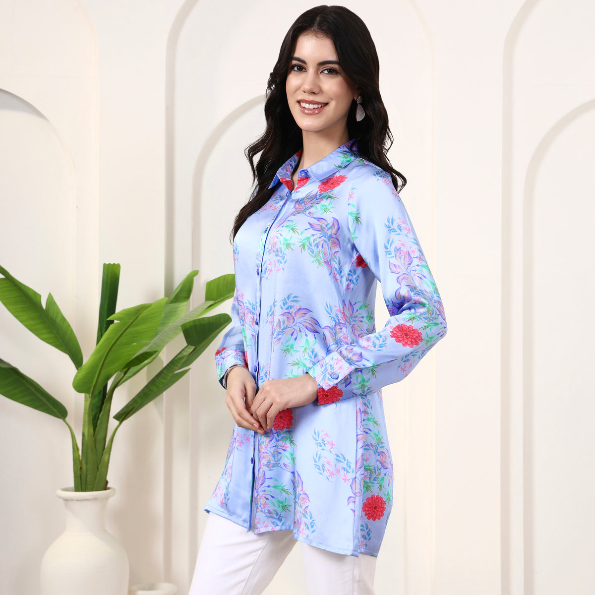 Powder Blue Floral Print Shirt for Women – Bamberg Modal Satin – Model View | First Resort by Ramola Bachchan