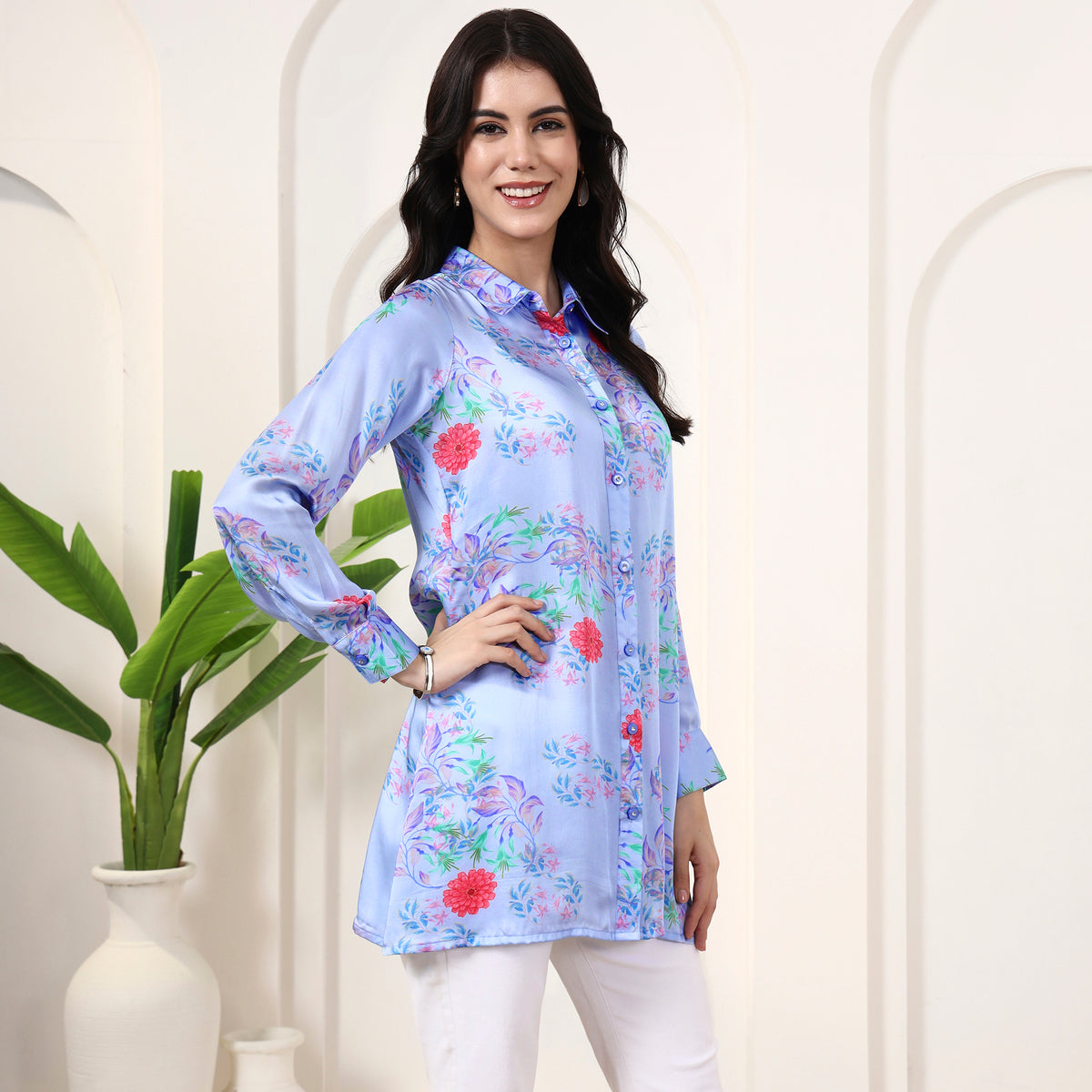 Powder Blue Floral Print Shirt for Women – Bamberg Modal Satin – Side View | First Resort by Ramola Bachchan