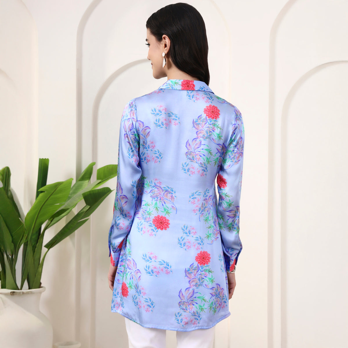 Powder Blue Floral Print Shirt for Women – Bamberg Modal Satin – Detail View | First Resort by Ramola Bachchan