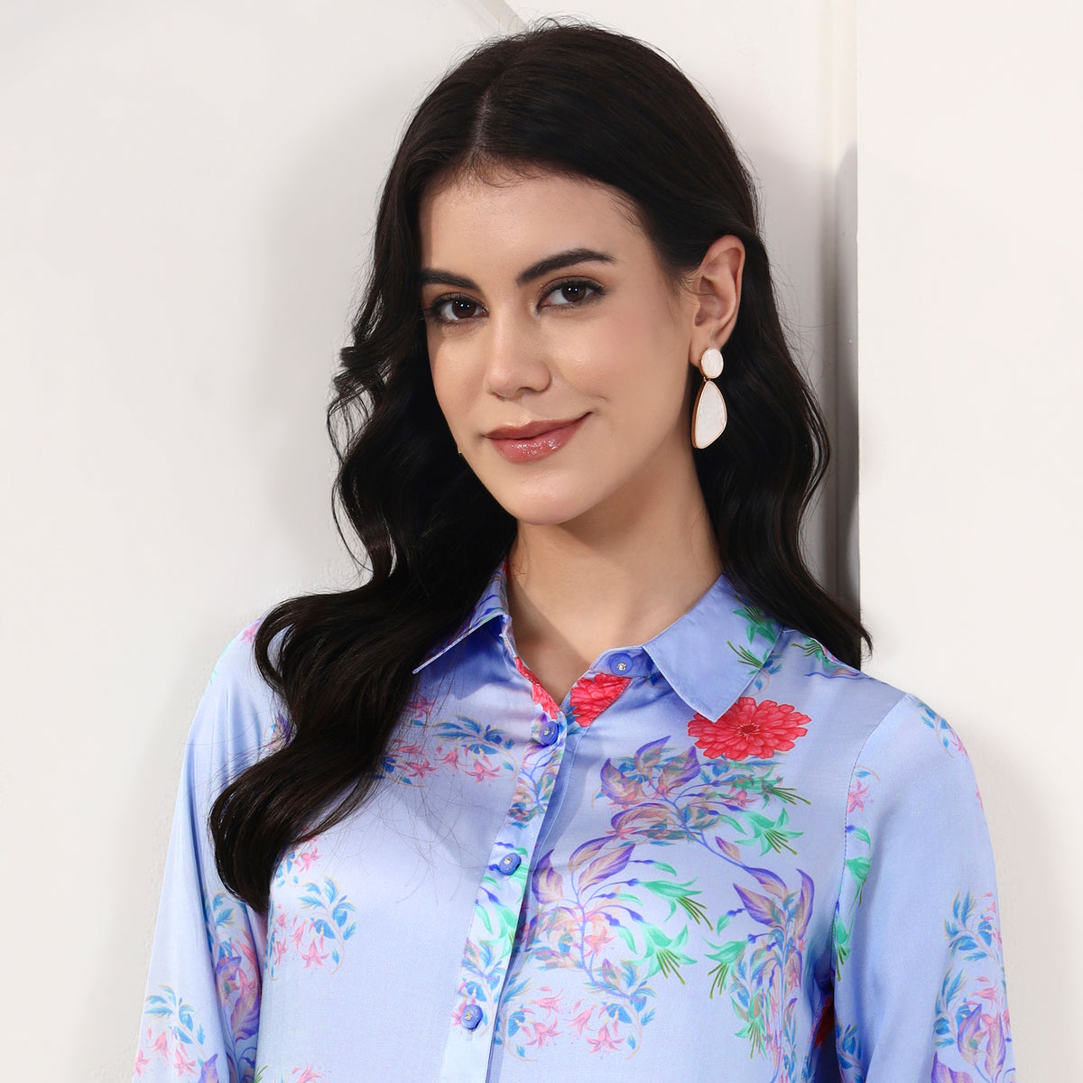 Powder Blue Floral Print Shirt for Women – Bamberg Modal Satin – Back View | First Resort by Ramola Bachchan