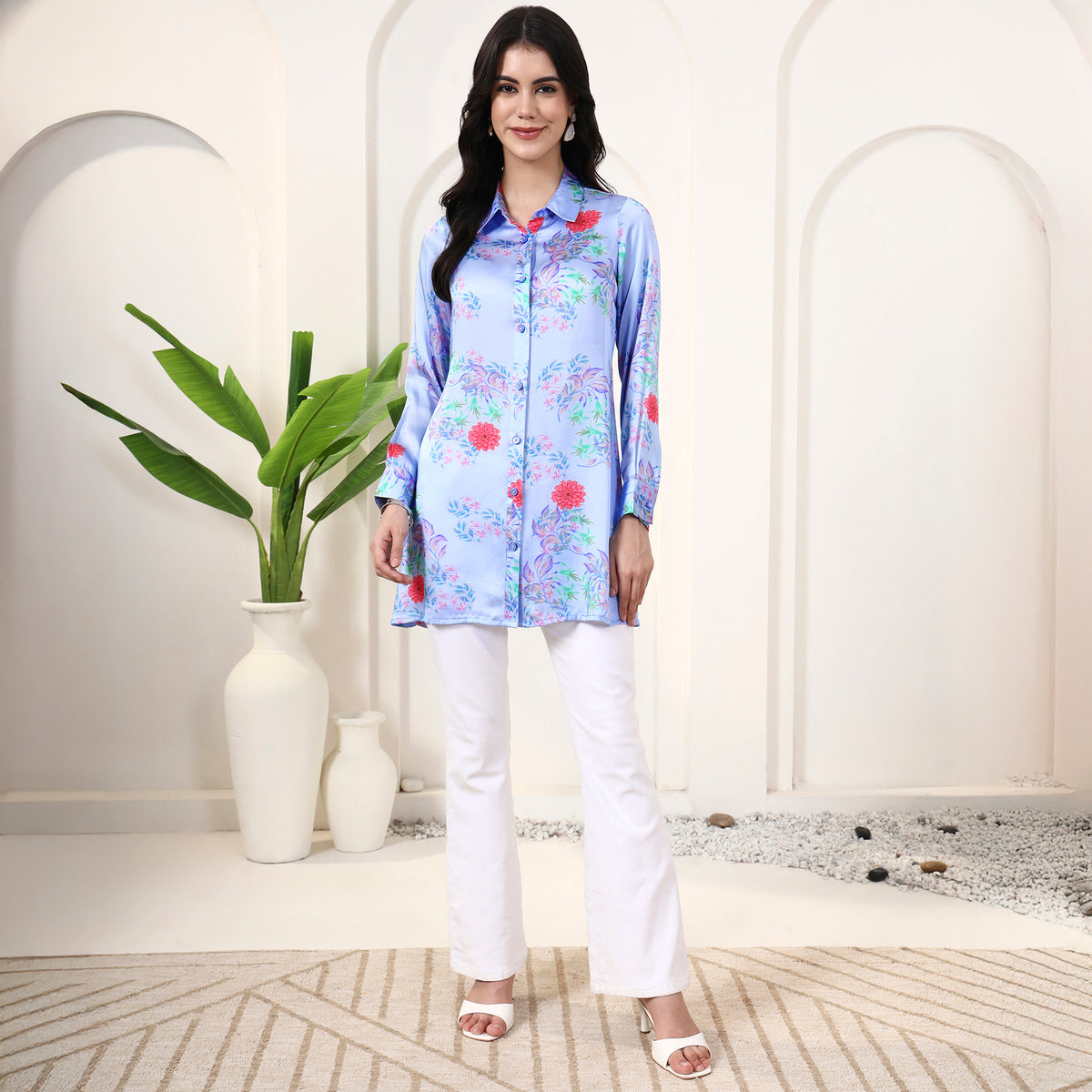 Powder Blue Floral Print Shirt for Women – Bamberg Modal Satin – Close Up | First Resort by Ramola Bachchan