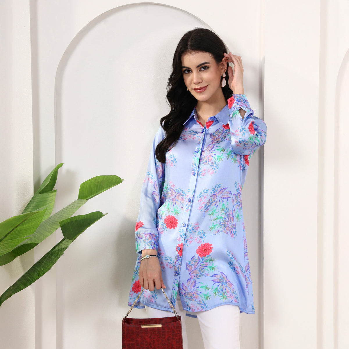 Powder Blue Floral Print Shirt for Women – Bamberg Modal Satin | First Resort by Ramola Bachchan