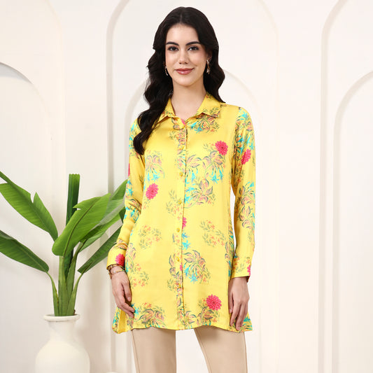 Yellow Floral Print Shirt for Women – Bamberg Modal Satin | First Resort by Ramola Bachchan
