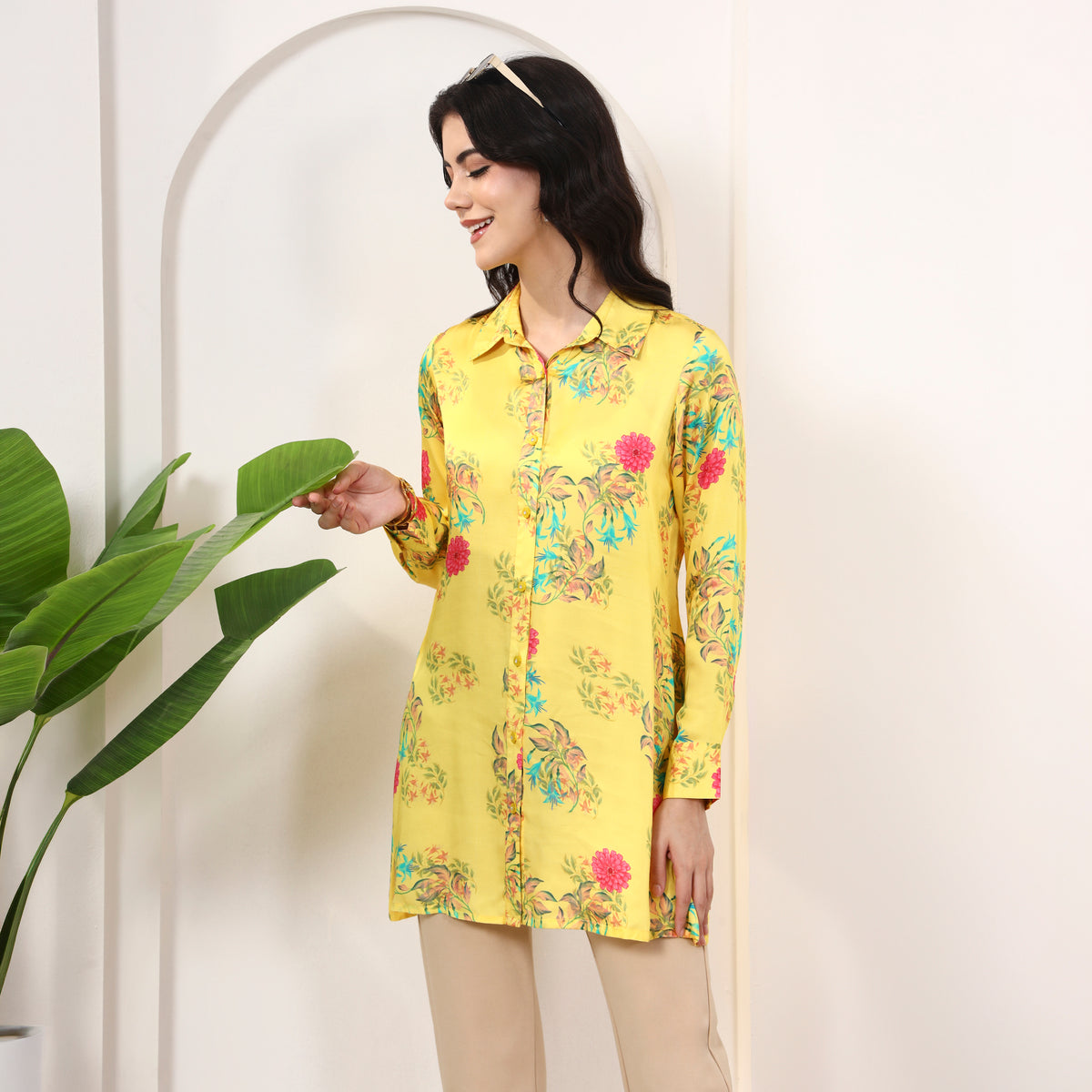 Yellow Floral Print Shirt for Women – Bamberg Modal Satin – Front View | First Resort by Ramola Bachchan