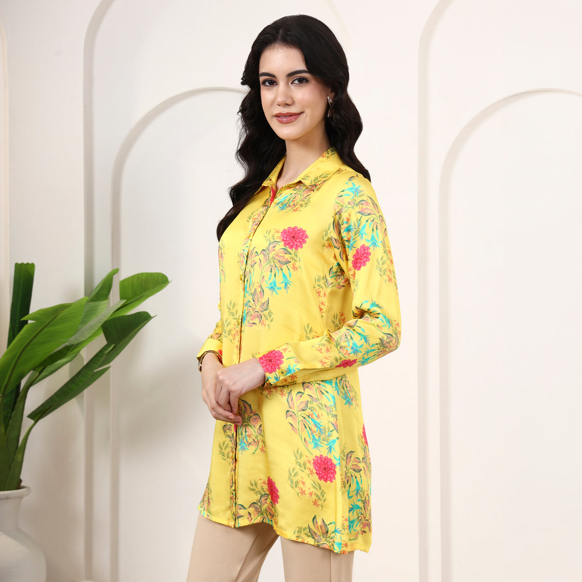 Yellow Floral Print Shirt for Women – Bamberg Modal Satin – Model View | First Resort by Ramola Bachchan