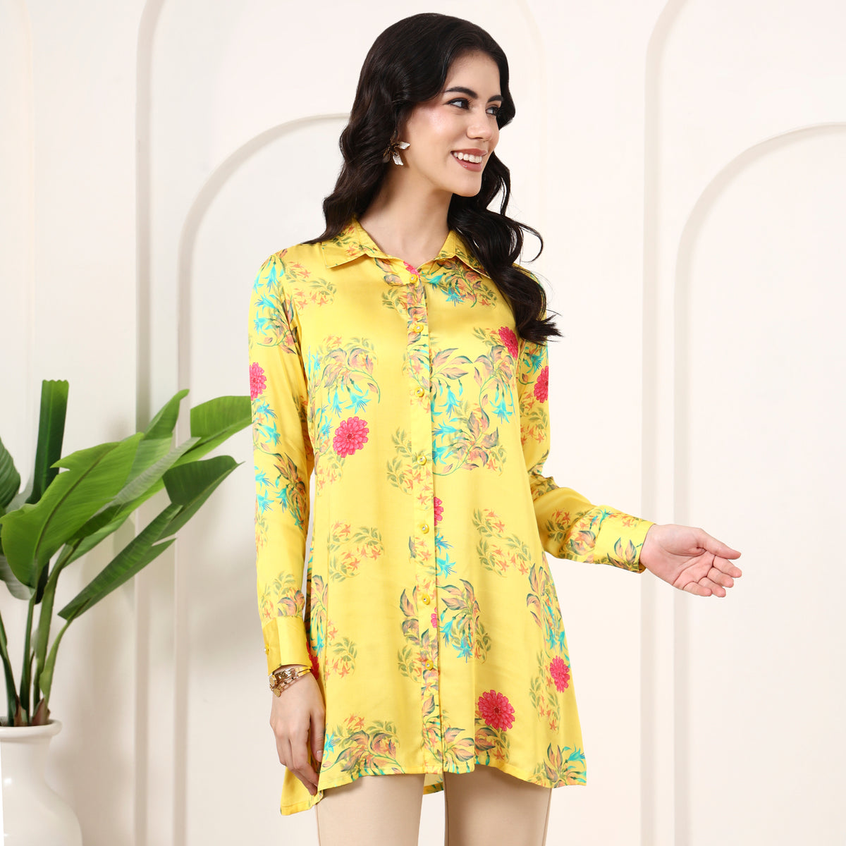 Yellow Floral Print Shirt for Women – Bamberg Modal Satin – Side View | First Resort by Ramola Bachchan