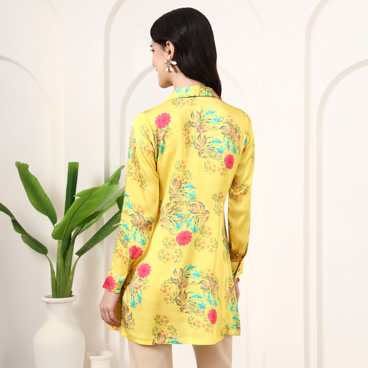 Yellow Floral Print Shirt for Women – Bamberg Modal Satin – Detail View | First Resort by Ramola Bachchan