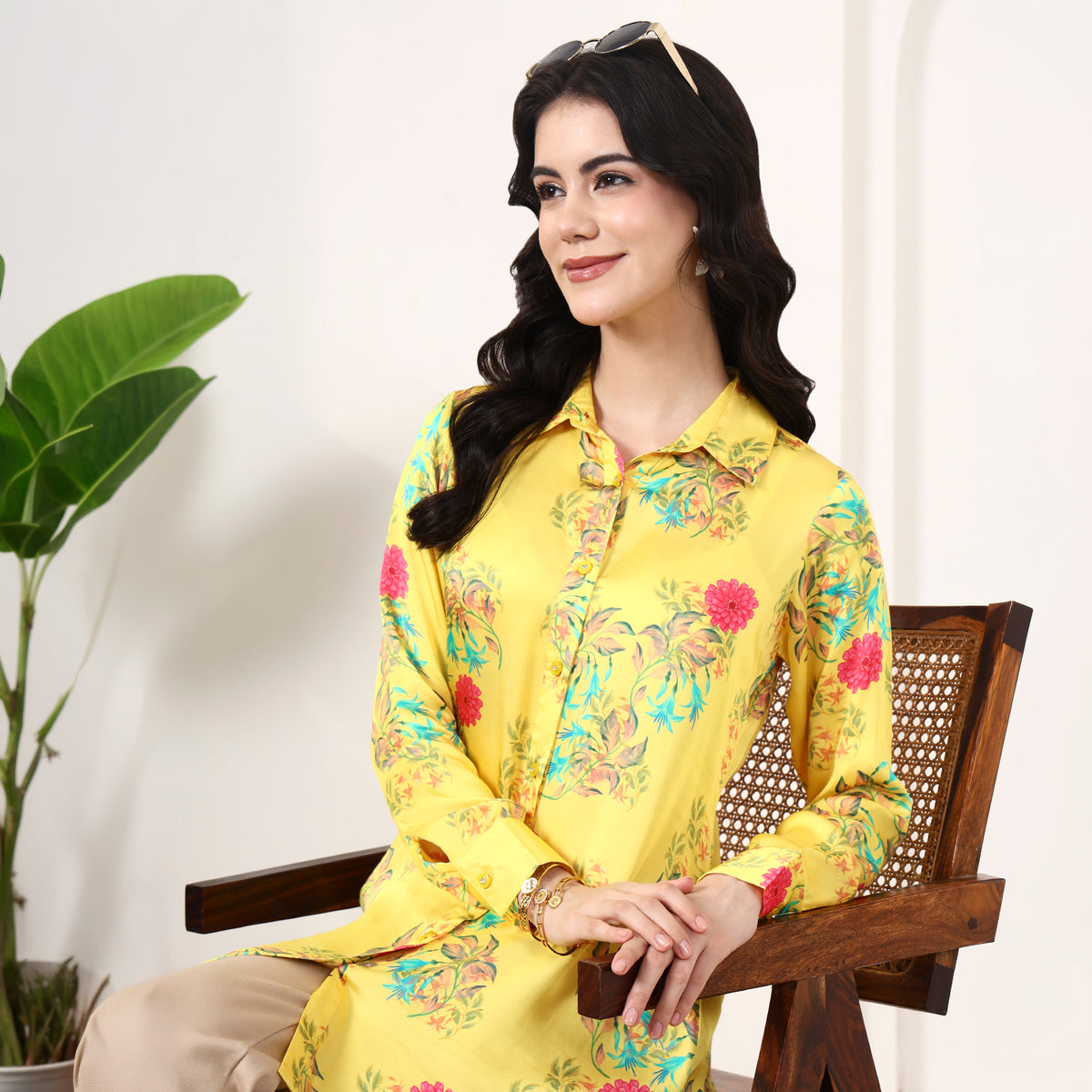 Yellow Floral Print Shirt for Women – Bamberg Modal Satin | First Resort by Ramola Bachchan
