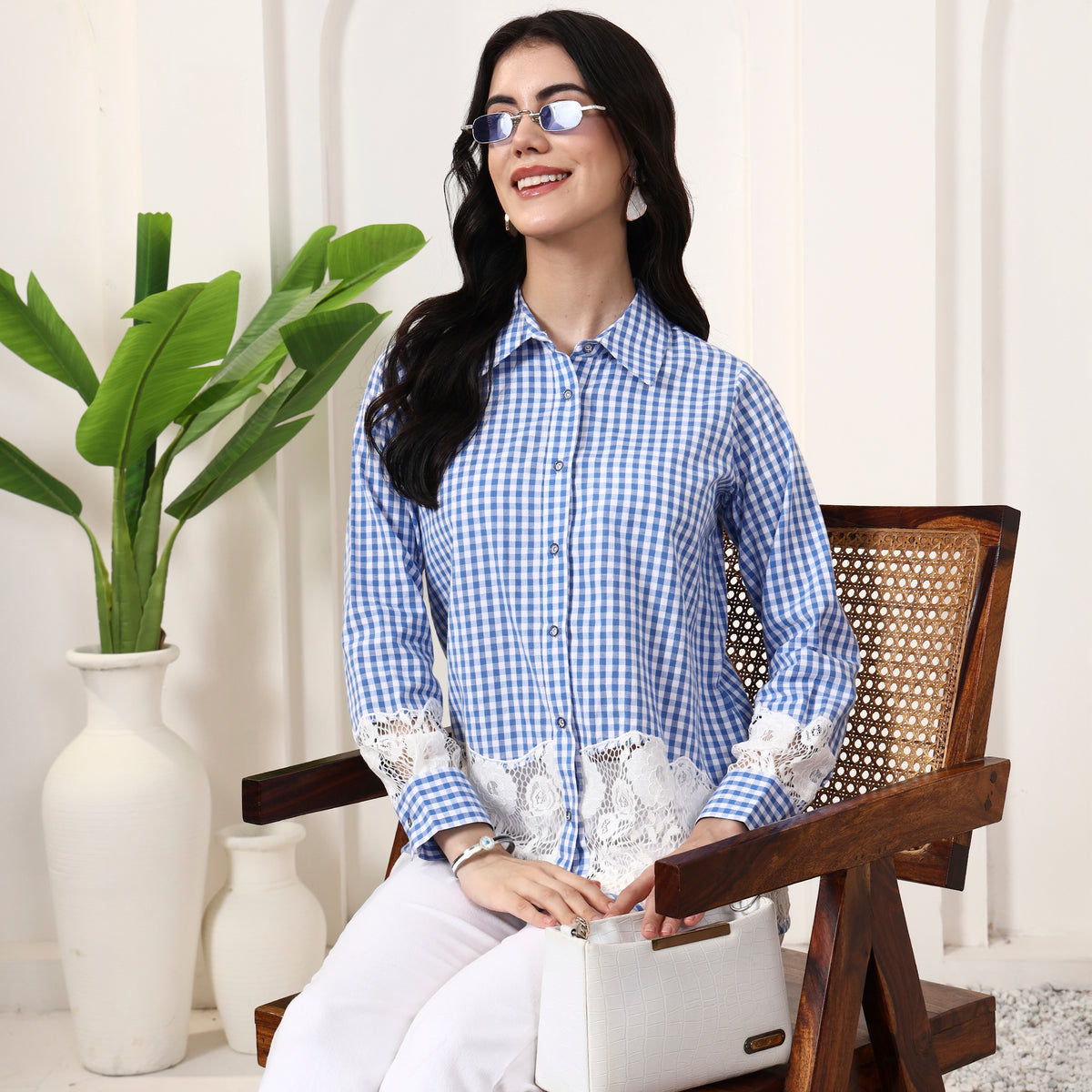 Blue Geometric Print Shirt for Women – Cotton – Front View | First Resort by Ramola Bachchan