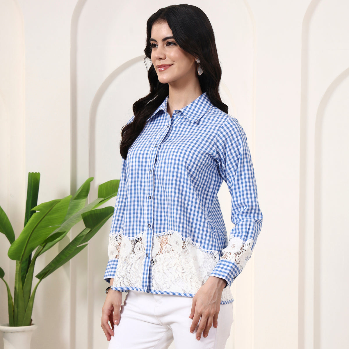 Blue Geometric Print Shirt for Women – Cotton – Model View | First Resort by Ramola Bachchan