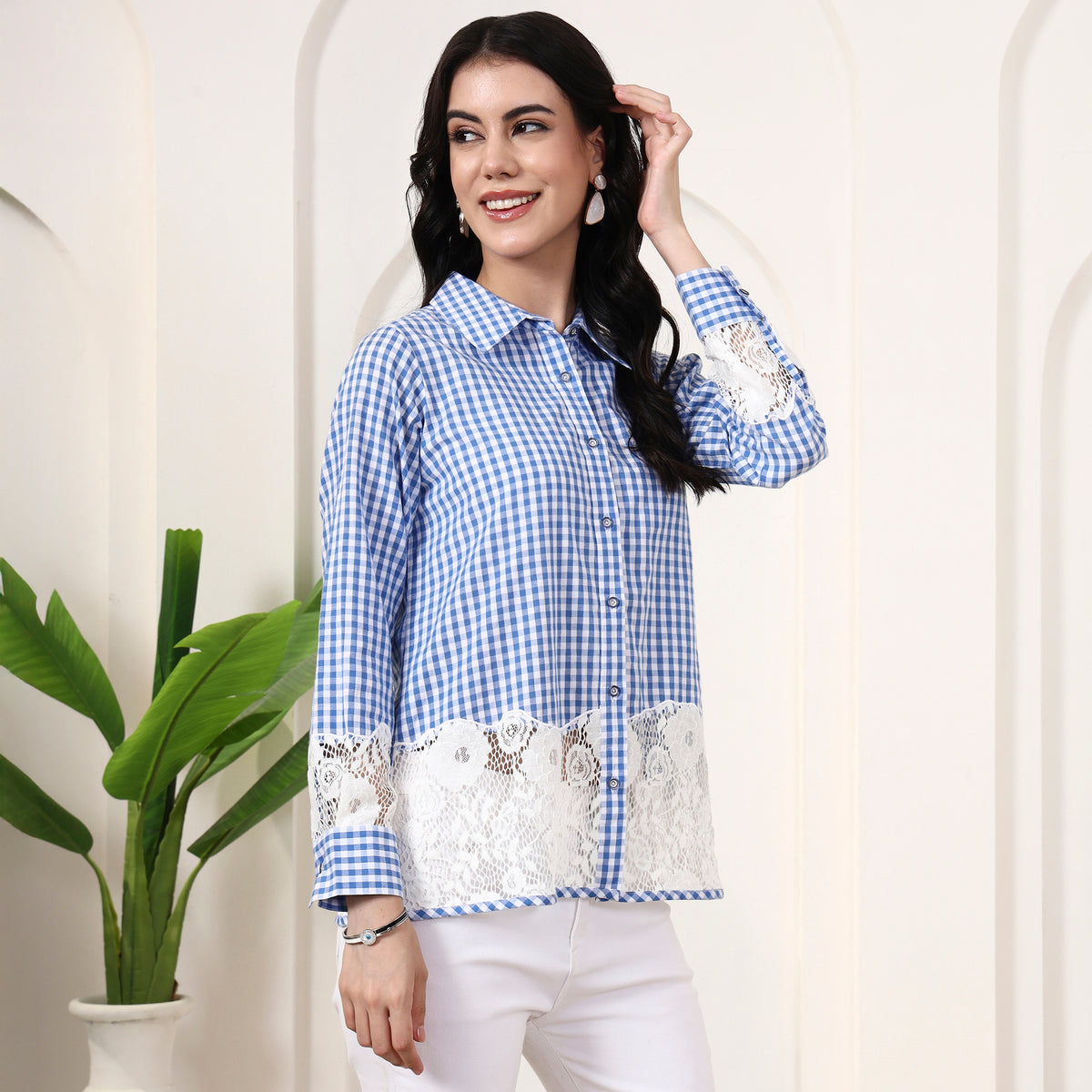 Blue Geometric Print Shirt for Women – Cotton – Side View | First Resort by Ramola Bachchan