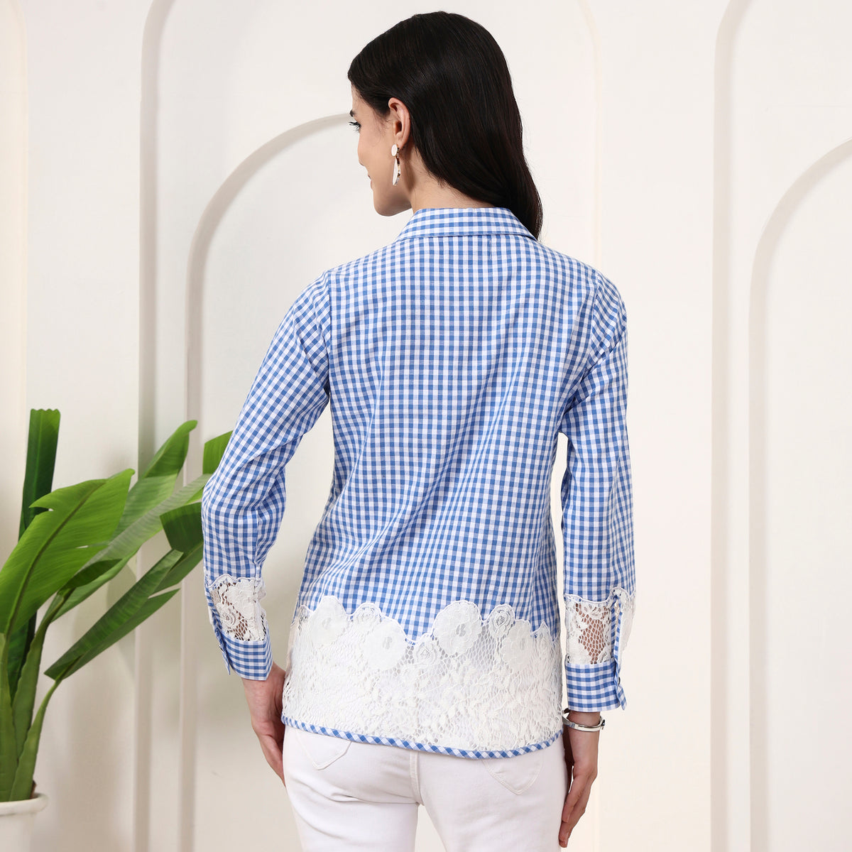 Blue Geometric Print Shirt for Women – Cotton – Detail View | First Resort by Ramola Bachchan