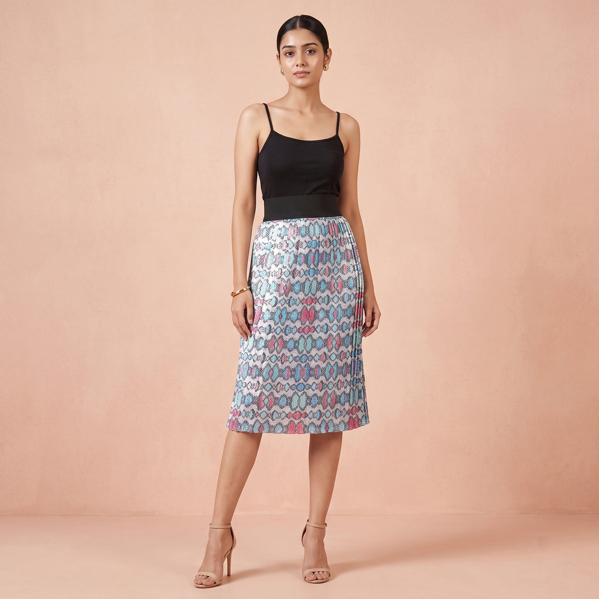 Blue Geometric Print Skirt for Women – Polyester Satin | First Resort by Ramola Bachchan