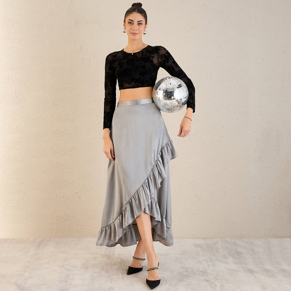 Grey Skirt for Women – Polyester Satin | First Resort by Ramola Bachchan