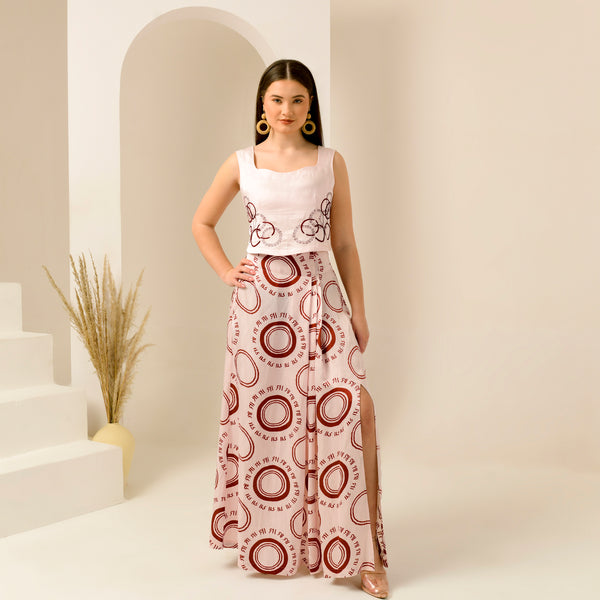 Pink And Red Maa Print Skirt for Women – Linen Satin | First Resort by Ramola Bachchan