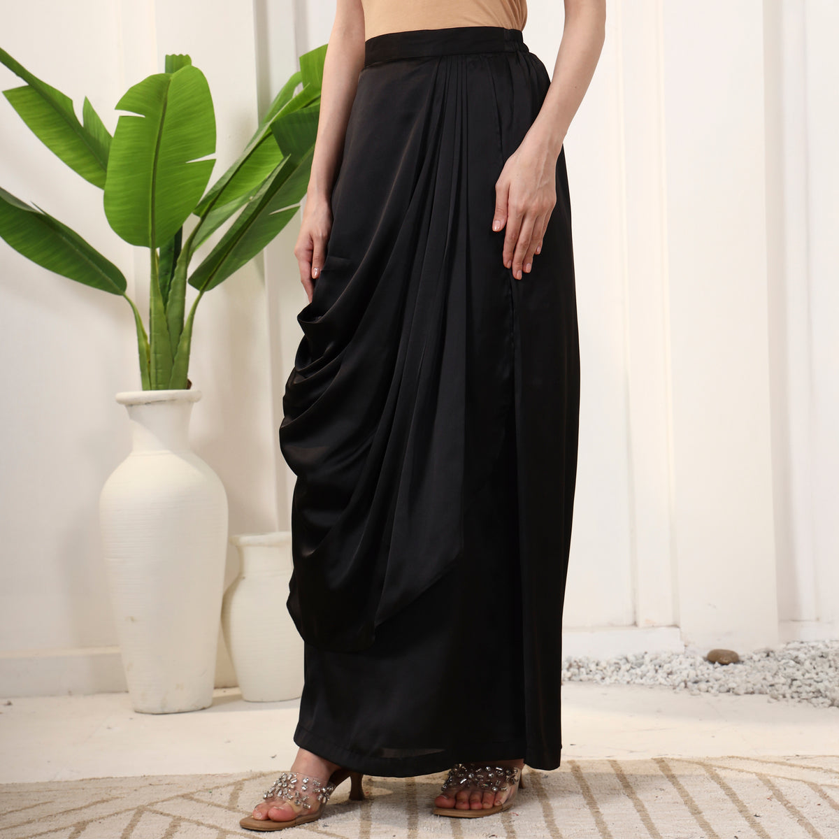 Black Skirt for Women – Polyester Satin – Model View | First Resort by Ramola Bachchan